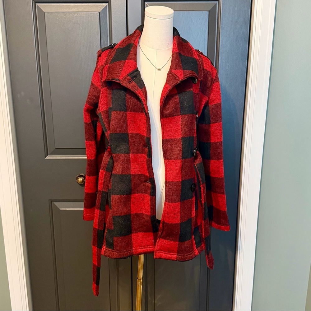 Madden Girl Buffalo Plaid Belted Pea Coat – Women’s Medium - Picture 2 of 11